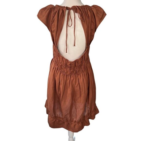 Anthropologie Smocked Waist Linen Blend Mini Dress Brown Size Large - Picture 3 of 7